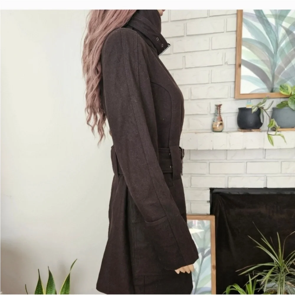 Zara coat size Medium dark chocolate brown wool blend trench belted - Picture 5 of 16